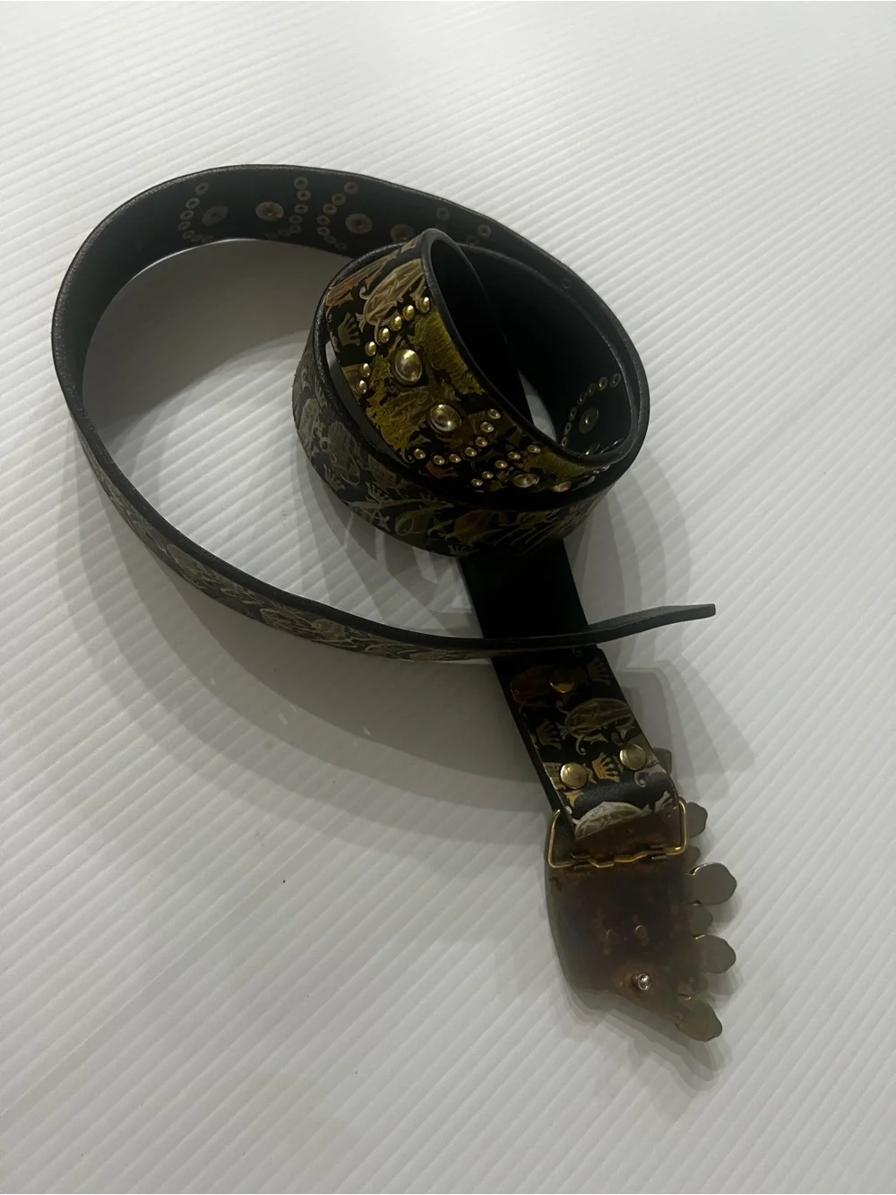 Rare Vintage Christian Audigier Rhinestone Crown Studded Leather Belt Y2K